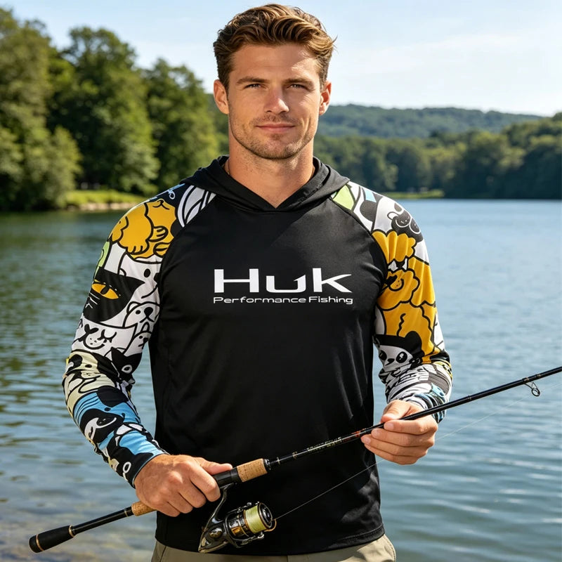 Men's Long Sleeve Hooded Fishing Shirt — UPF UV Protection, Quick-Dry