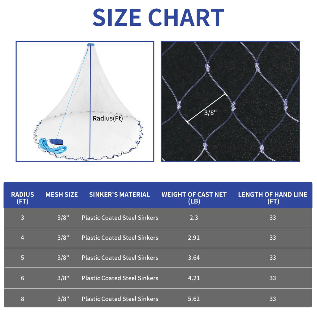 Handmade American Cast Net 3ft-8ft Radius Fishing Cast Net