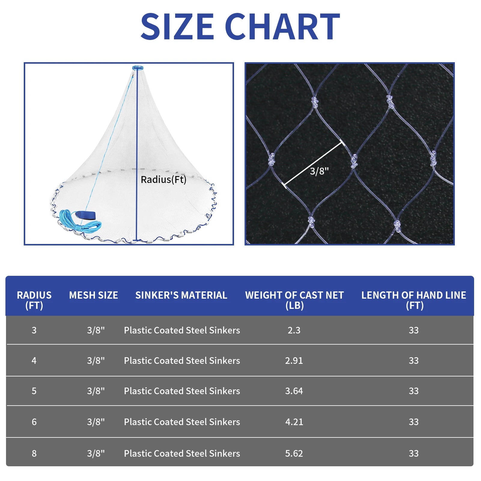 Handmade American Cast Net 3ft-8ft Radius Fishing Cast Net