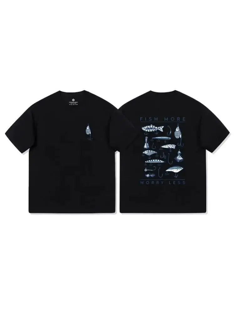 Fishing Lure Print with Blue Graphic Design Fish More Worry Less White Black Maroon T Shirt Unisex Cotton Casual Outdoor Outfit