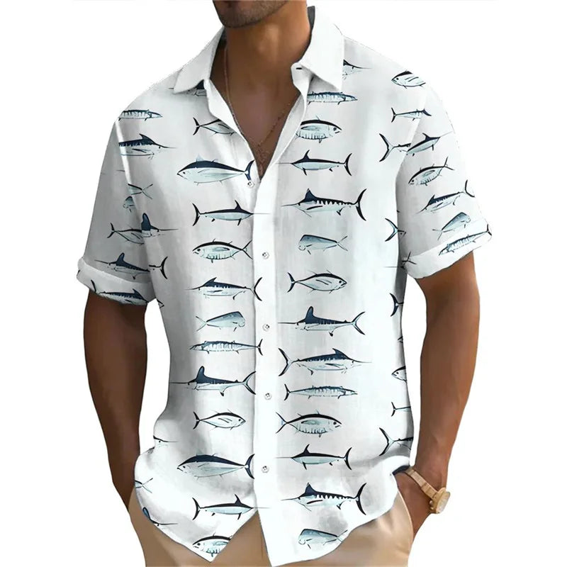 Men's Funny Tuna Print Button-Down Shirt — Loose Fit Summer Top