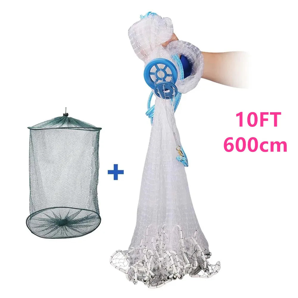 Saltwater Fishing Cast Net for Bait Trap 3ft/4ft/5ft/6ft/7ft/8ft/9ft/10ft Radius with Heavy Duty Real Zinc Sinker Weights