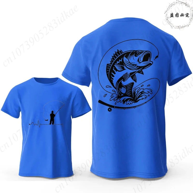 Fishing Lover T-Shirts for Men Fisherman Heartbeat Bass Fish Print Graphic Tops Casual Short Sleeve Tees Oversized Male Clothing