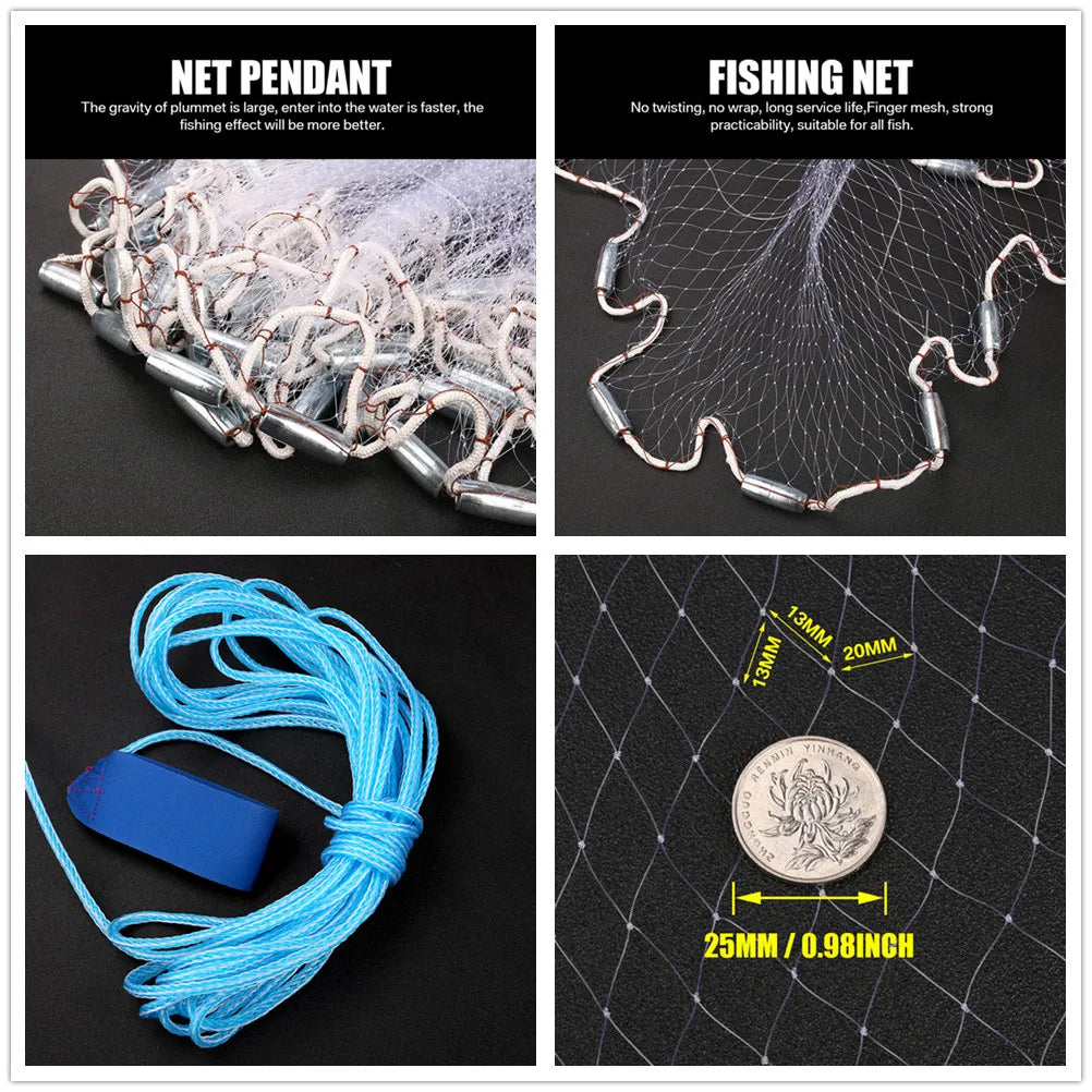 Saltwater Fishing Cast Net for Bait Trap 3ft/4ft/5ft/6ft/7ft/8ft/9ft/10ft Radius with Heavy Duty Real Zinc Sinker Weights