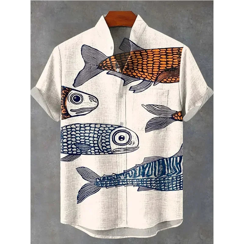 Men's Shirt Vintage Fish Japanese Art Linen Blend Comfortable Casual Breathable Hawaiian Shirt Lapel Short Sleeve Shirt