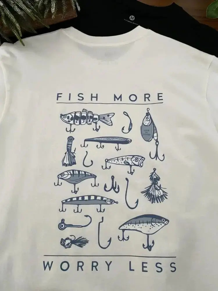 Fishing Lure Print with Blue Graphic Design Fish More Worry Less White Black Maroon T Shirt Unisex Cotton Casual Outdoor Outfit