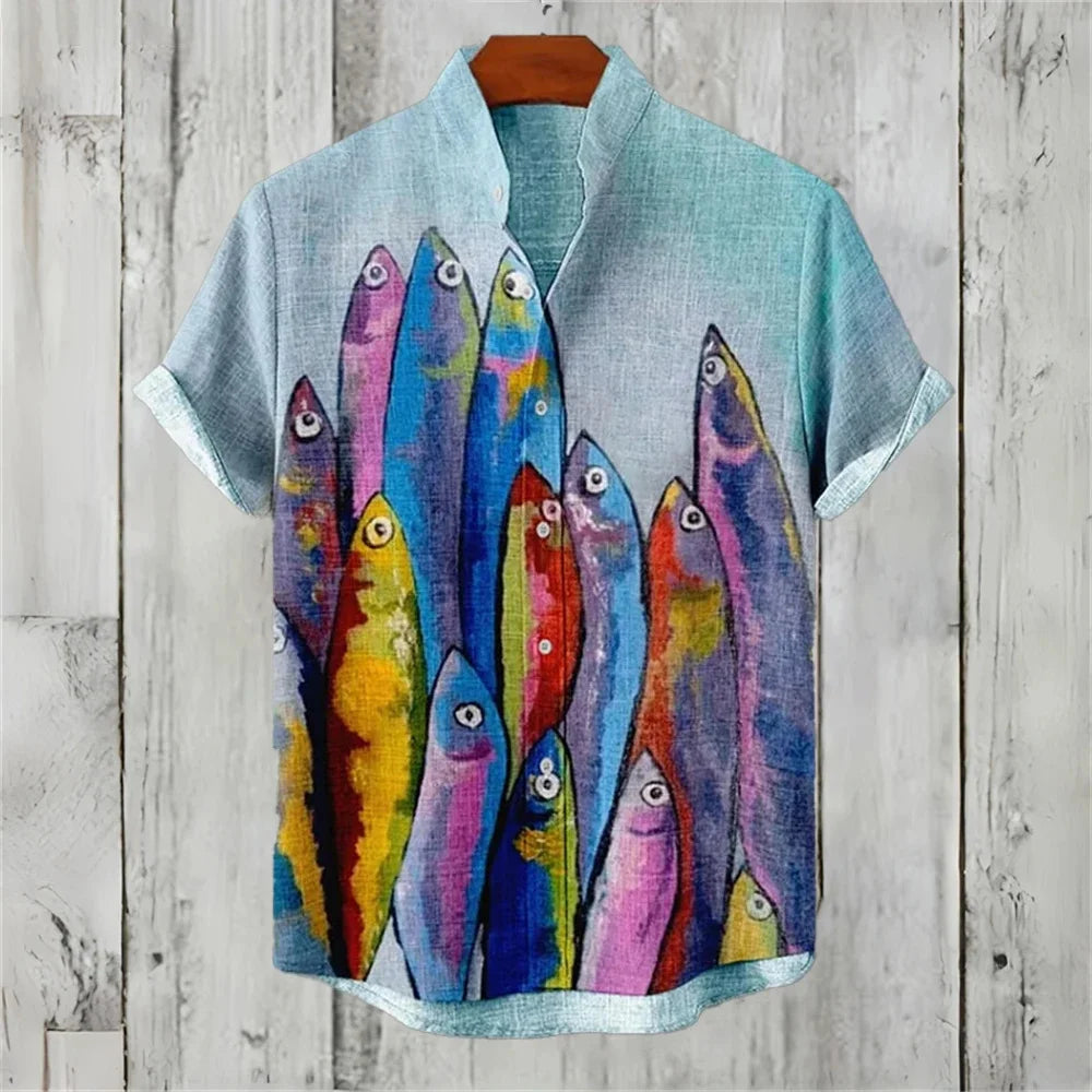 Men's Shirt Vintage Fish Japanese Art Linen Blend Comfortable Casual Breathable Hawaiian Shirt Lapel Short Sleeve Shirt