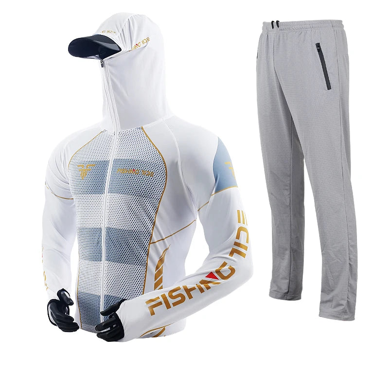 Men's High Quality Fishing Suit Summer Sun Protection Breathable Ice Silk Quick Dry Fishing Hoodie & Pants 2 Piece Set