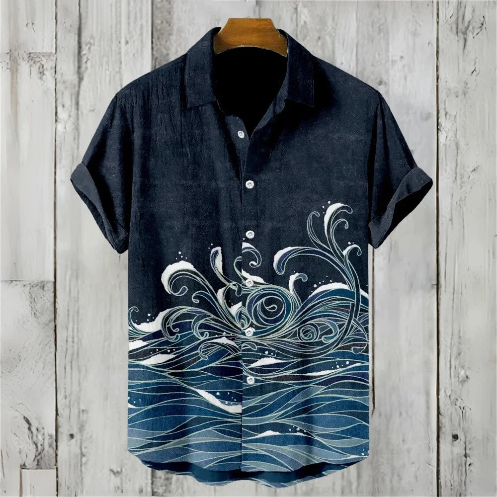 Men's Shirt Vintage Fish Japanese Art Linen Blend Comfortable Casual Breathable Hawaiian Shirt Lapel Short Sleeve Shirt