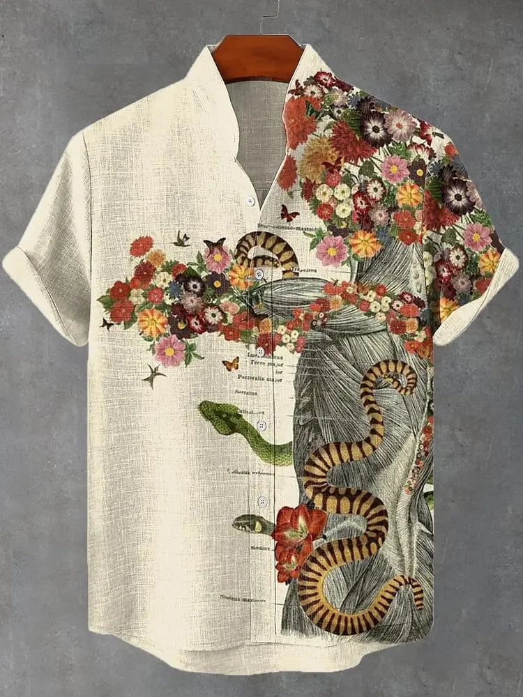 Men's Shirt Vintage Fish Japanese Art Linen Blend Comfortable Casual Breathable Hawaiian Shirt Lapel Short Sleeve Shirt