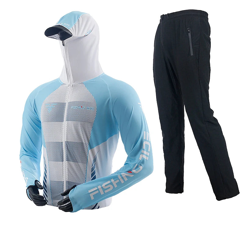 Men's High Quality Fishing Suit Summer Sun Protection Breathable Ice Silk Quick Dry Fishing Hoodie & Pants 2 Piece Set