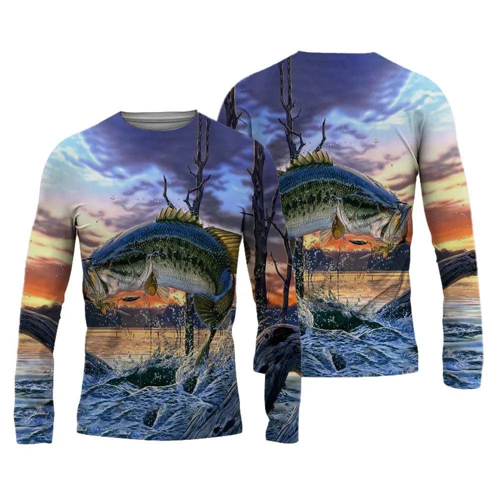 Men's Fishing Shirts 3D Pinting Fishing Apparel Breathable T-Shirt Long Sleeve Summer Outdoor Sports Crewneck Fishing Shirts