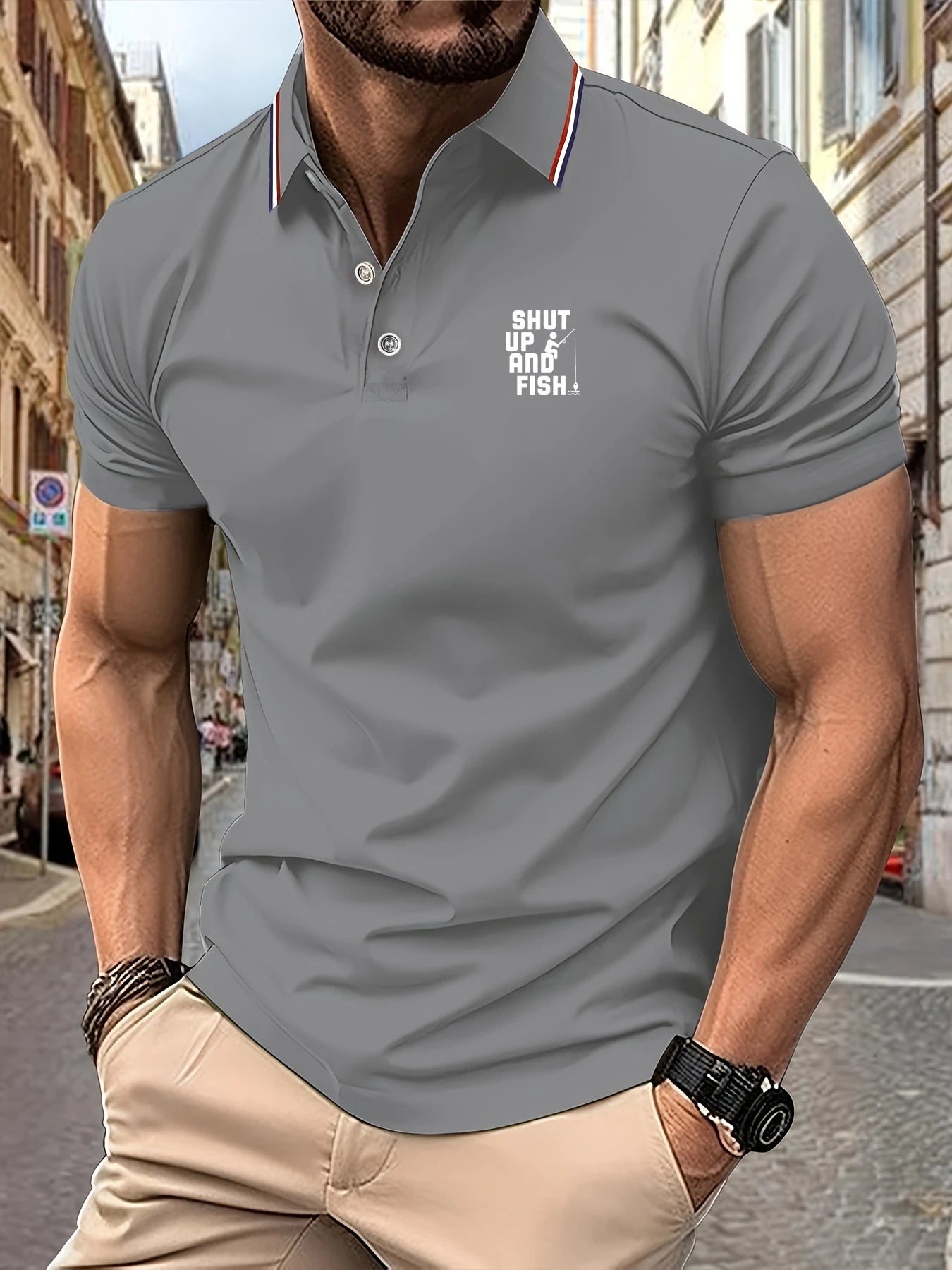 Short Sleeve Polo Tee Fishing Pattern Printing Summer Lapel Stripes Mens Polo Shirts Casual Breathable Light Luxury T-Shirt