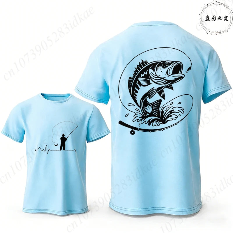 Fishing Lover T-Shirts for Men Fisherman Heartbeat Bass Fish Print Graphic Tops Casual Short Sleeve Tees Oversized Male Clothing