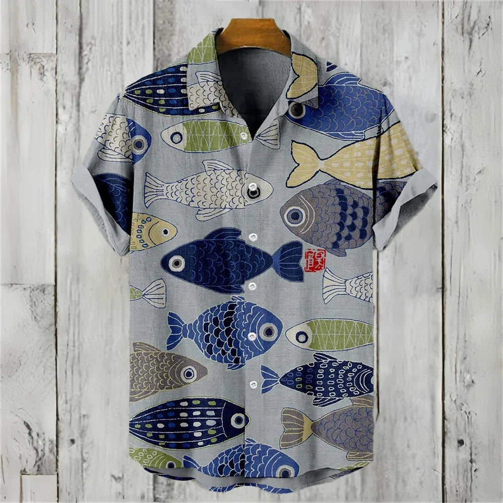 Men's Shirt Vintage Fish Japanese Art Linen Blend Comfortable Casual Breathable Hawaiian Shirt Lapel Short Sleeve Shirt