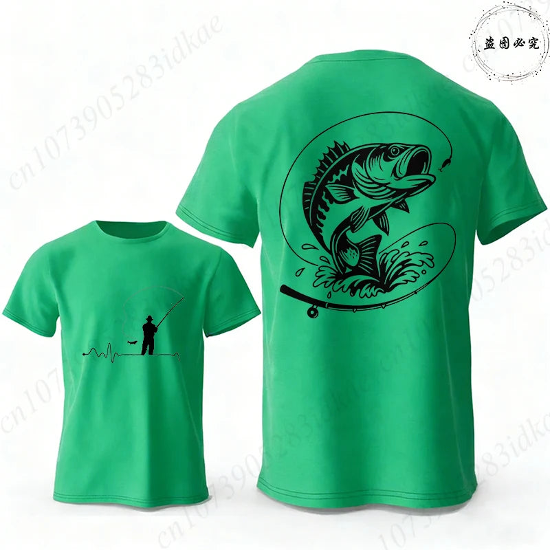 Fishing Lover T-Shirts for Men Fisherman Heartbeat Bass Fish Print Graphic Tops Casual Short Sleeve Tees Oversized Male Clothing