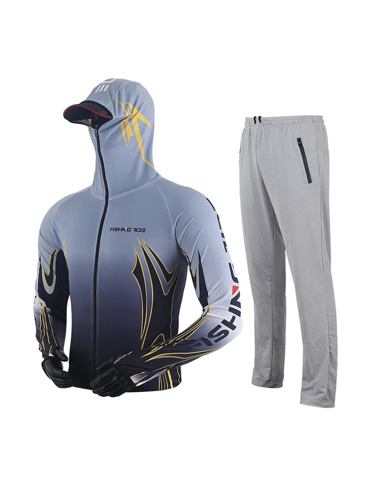Men's High Quality Fishing Suit Summer Sun Protection Breathable Ice Silk Quick Dry Fishing Hoodie & Pants 2 Piece Set