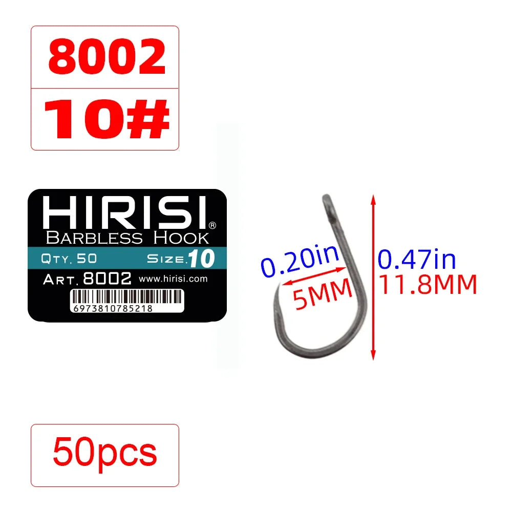 Hirisi 50pcs Barbless Fishing Hooks PTFE Coated High Carbon Steel Hook 8002 Freshwater Fishing Supplies
