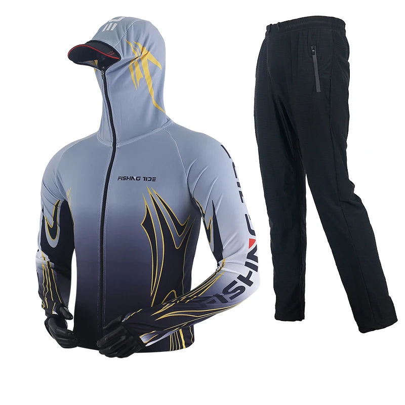Men's High Quality Fishing Suit Summer Sun Protection Breathable Ice Silk Quick Dry Fishing Hoodie & Pants 2 Piece Set