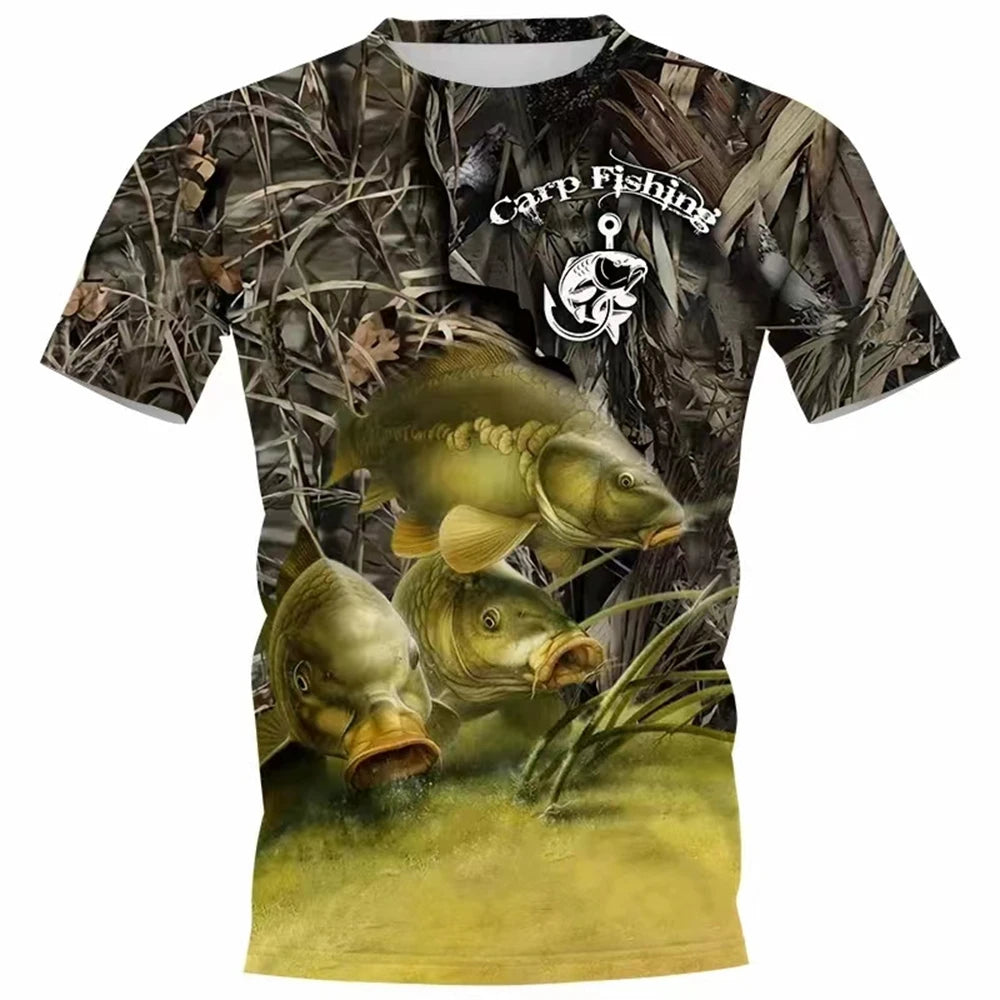 New Fishing T-Shirt Men Tshirt Fish Graphic Clothing O-Collar Oversized Tops Outdoor Sport Apparel Summer for Male Tee Shirts