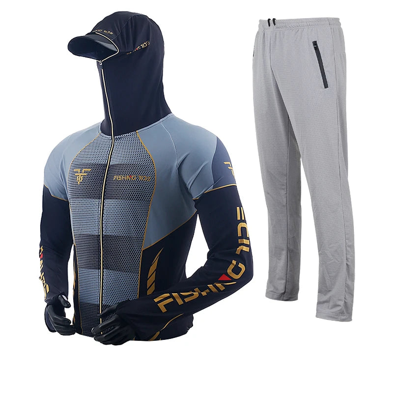 Men's High Quality Fishing Suit Summer Sun Protection Breathable Ice Silk Quick Dry Fishing Hoodie & Pants 2 Piece Set