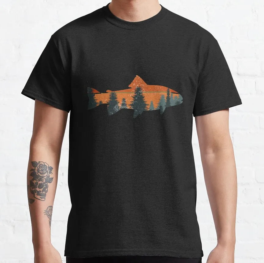 Men's Fly Fishing Trout Graphic T-Shirt — Short Sleeve Cotton