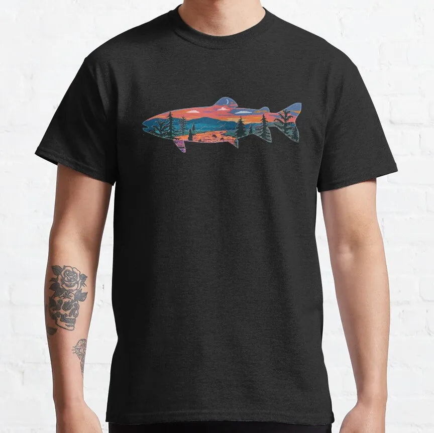 Men's Fly Fishing Trout Graphic T-Shirt — Short Sleeve Cotton