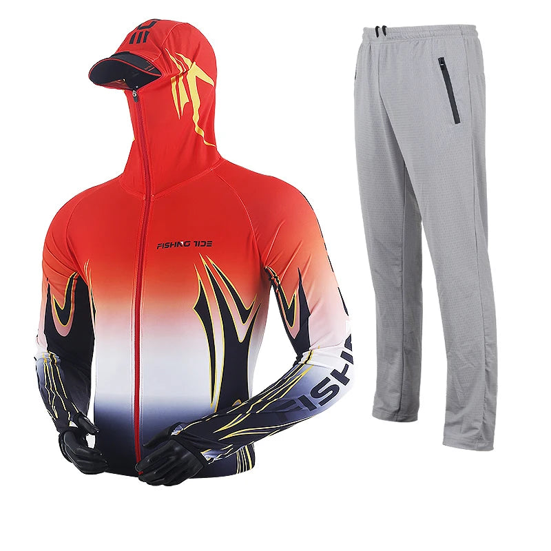 Men's High Quality Fishing Suit Summer Sun Protection Breathable Ice Silk Quick Dry Fishing Hoodie & Pants 2 Piece Set