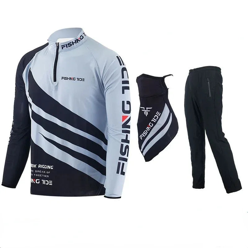 Quick Drying Breathable Long Sleeve Fishing Suit, Sun Protection, Shirt and Pants, Scarf, Outdoor, New, 3Pcs Set