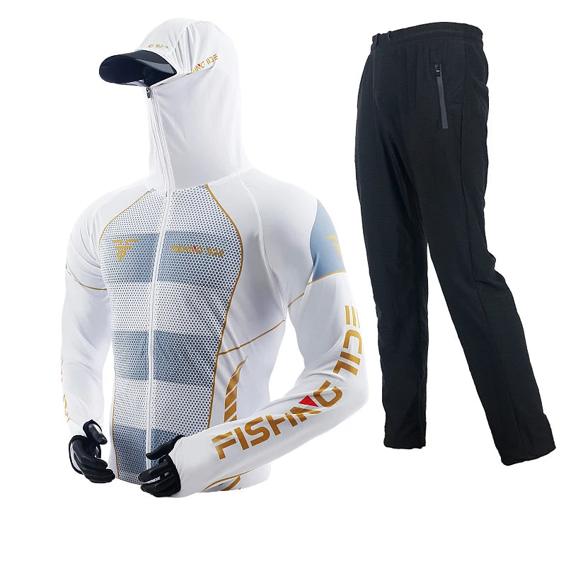 Men's High Quality Fishing Suit Summer Sun Protection Breathable Ice Silk Quick Dry Fishing Hoodie & Pants 2 Piece Set