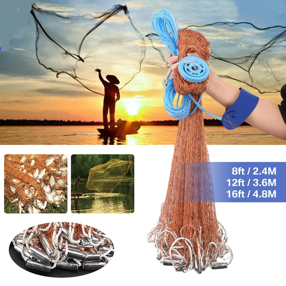 Saltwater Fishing Cast Net for Bait Trap 3ft/4ft/5ft/6ft/7ft/8ft/9ft/10ft Radius with Heavy Duty Real Zinc Sinker Weights