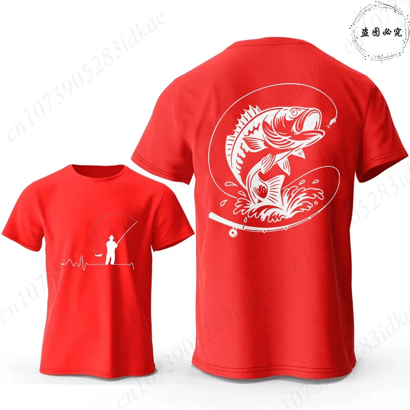 Fishing Lover T-Shirts for Men Fisherman Heartbeat Bass Fish Print Graphic Tops Casual Short Sleeve Tees Oversized Male Clothing
