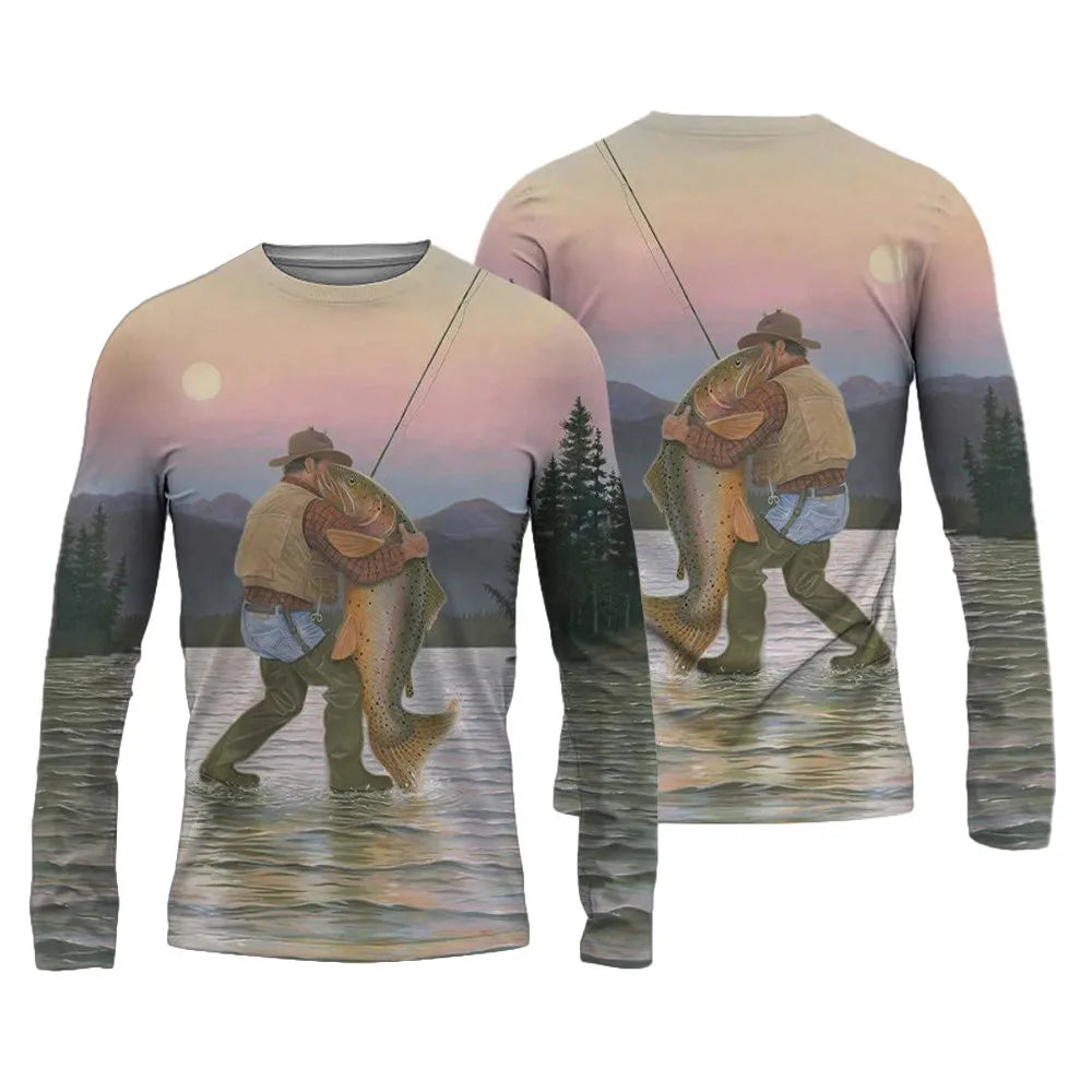 Men's Fishing Shirts 3D Pinting Fishing Apparel Breathable T-Shirt Long Sleeve Summer Outdoor Sports Crewneck Fishing Shirts