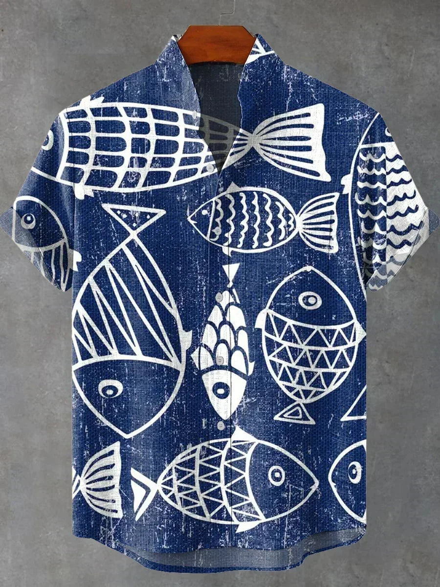 Men's Shirt Vintage Fish Japanese Art Linen Blend Comfortable Casual Breathable Hawaiian Shirt Lapel Short Sleeve Shirt