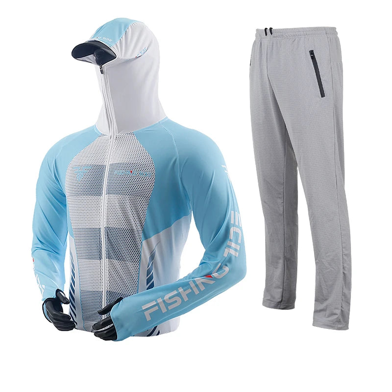 Men's High Quality Fishing Suit Summer Sun Protection Breathable Ice Silk Quick Dry Fishing Hoodie & Pants 2 Piece Set