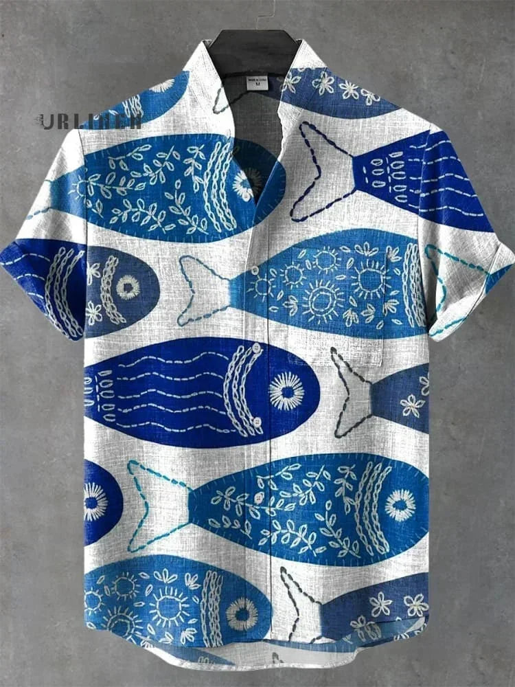 Men's Shirt Vintage Fish Japanese Art Linen Blend Comfortable Casual Breathable Hawaiian Shirt Lapel Short Sleeve Shirt