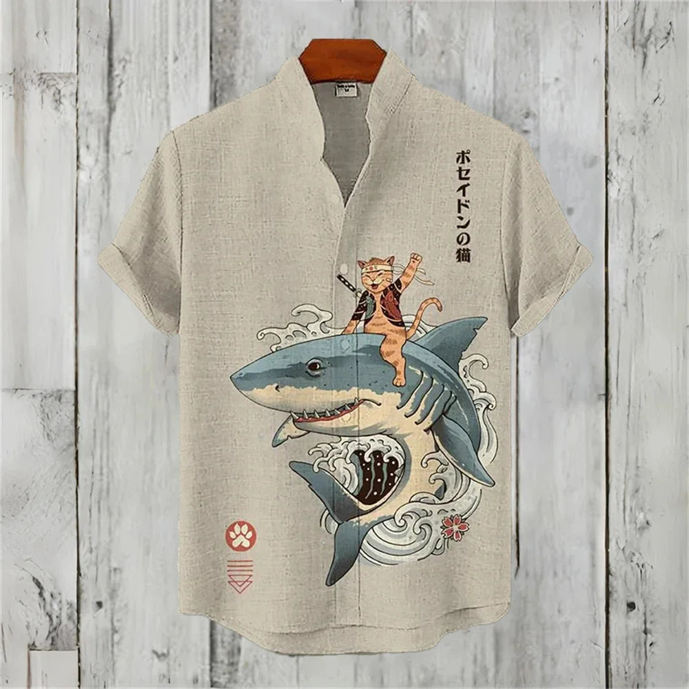 Men's Shirt Vintage Fish Japanese Art Linen Blend Comfortable Casual Breathable Hawaiian Shirt Lapel Short Sleeve Shirt