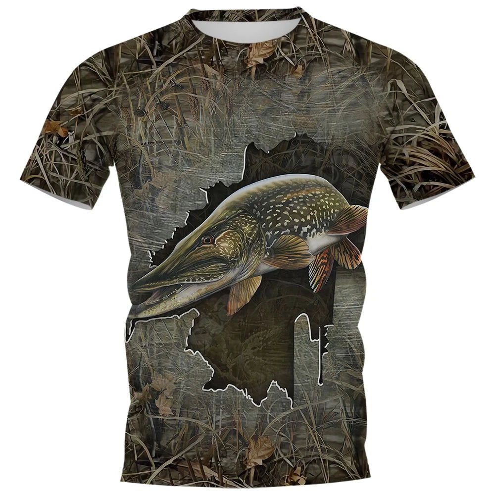 New Fishing T-Shirt Men Tshirt Fish Graphic Clothing O-Collar Oversized Tops Outdoor Sport Apparel Summer for Male Tee Shirts