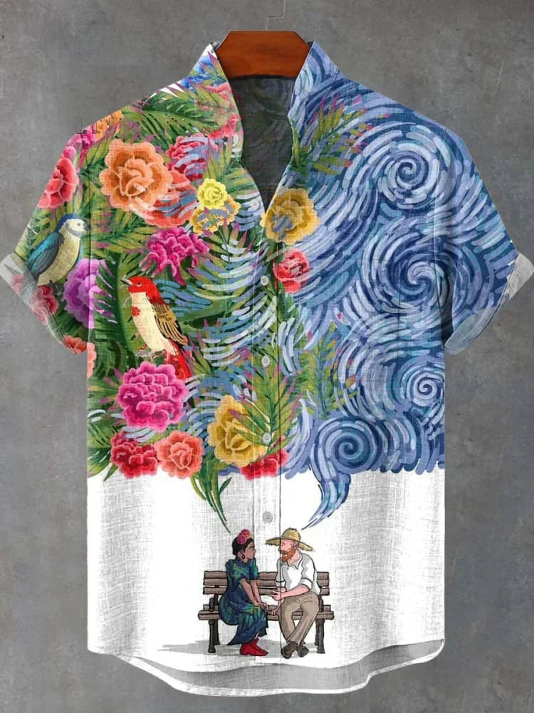 Men's Shirt Vintage Fish Japanese Art Linen Blend Comfortable Casual Breathable Hawaiian Shirt Lapel Short Sleeve Shirt