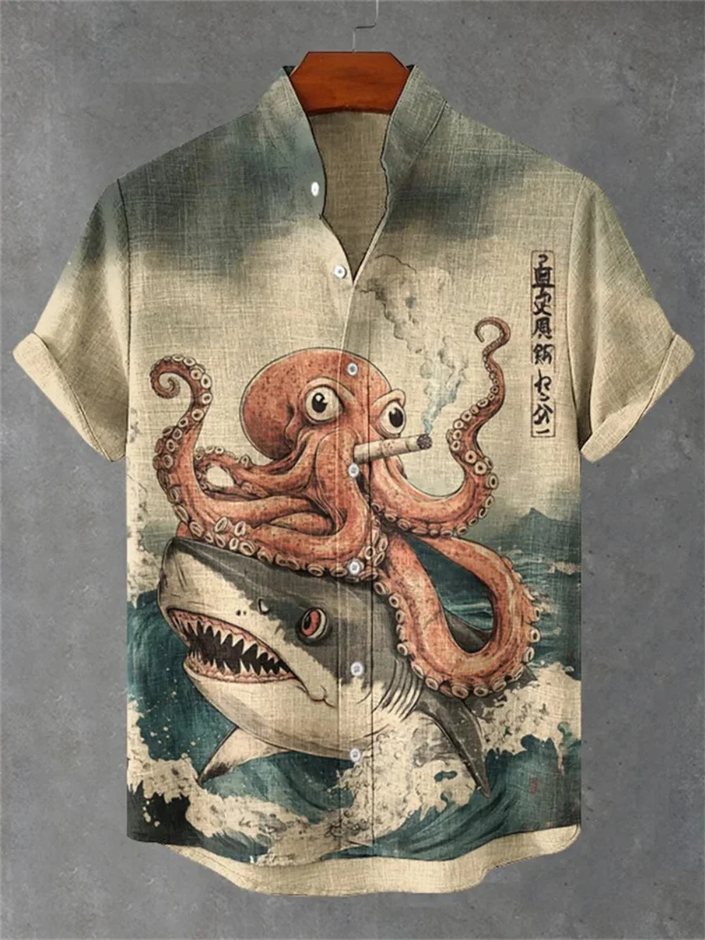 Men's Stand-Up Collar Fishing Shirt — Abstract Fish Print, Breathable