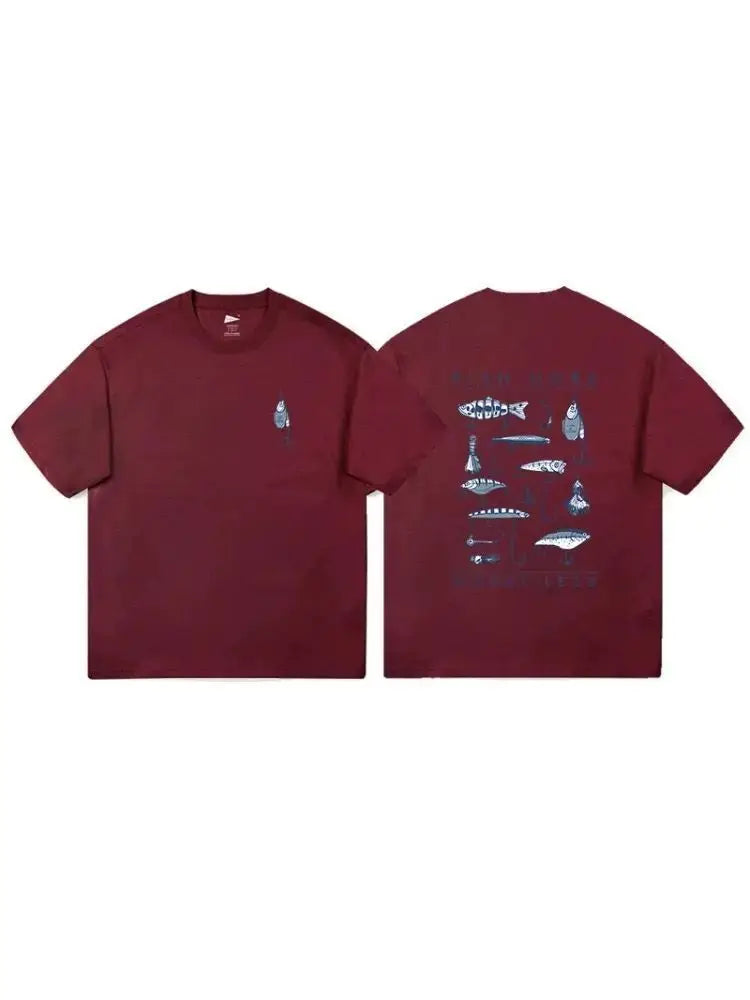 Fishing Lure Print with Blue Graphic Design Fish More Worry Less White Black Maroon T Shirt Unisex Cotton Casual Outdoor Outfit