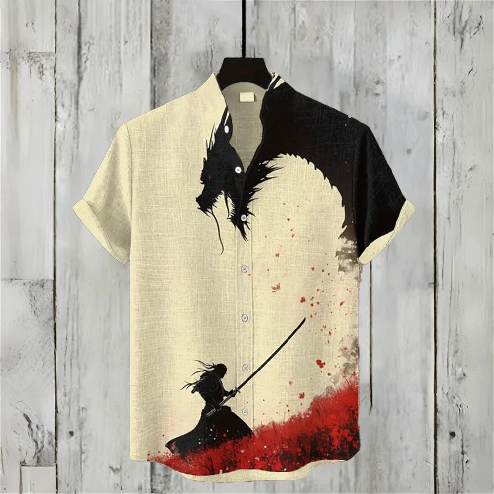 Men's Shirt Vintage Fish Japanese Art Linen Blend Comfortable Casual Breathable Hawaiian Shirt Lapel Short Sleeve Shirt
