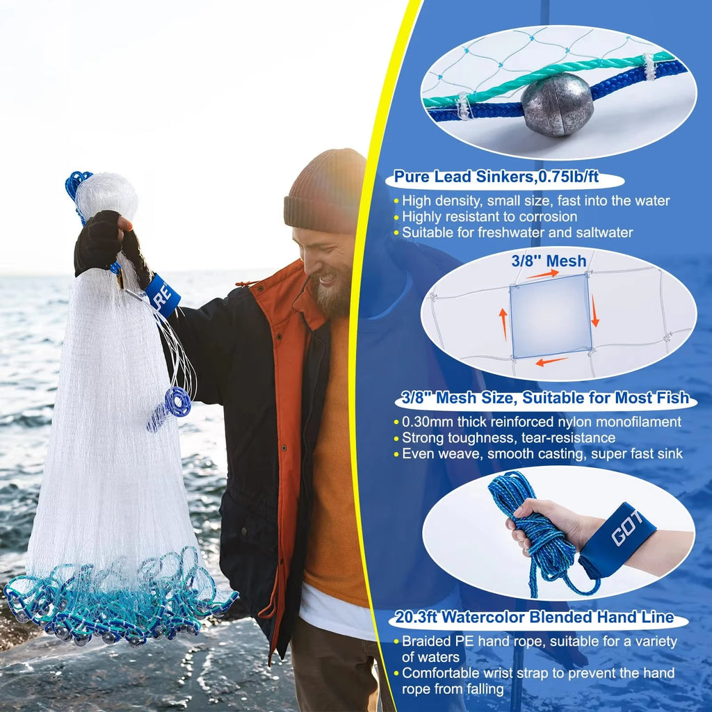 Goture 3ft-12ft American Fishing Cast Net