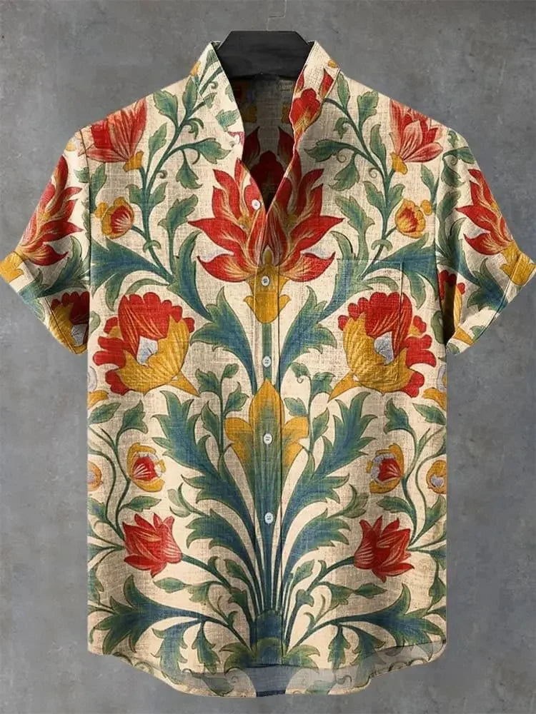 Men's Shirt Vintage Fish Japanese Art Linen Blend Comfortable Casual Breathable Hawaiian Shirt Lapel Short Sleeve Shirt