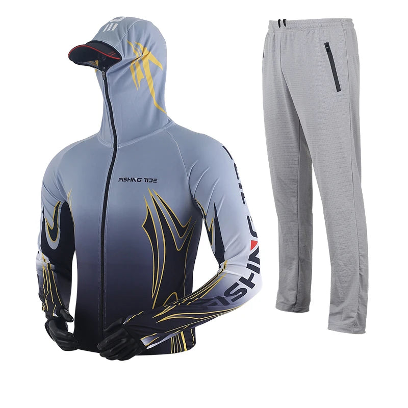 Men's High Quality Fishing Suit Summer Sun Protection Breathable Ice Silk Quick Dry Fishing Hoodie & Pants 2 Piece Set