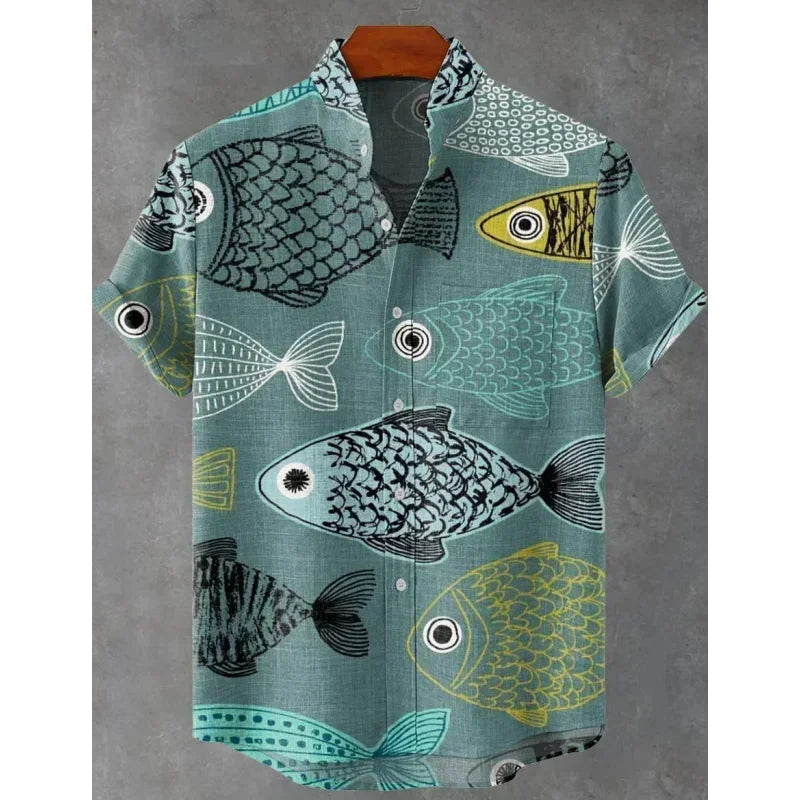 Men's Shirt Vintage Fish Japanese Art Linen Blend Comfortable Casual Breathable Hawaiian Shirt Lapel Short Sleeve Shirt