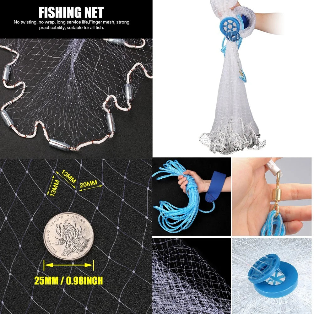 American Saltwater Fishing Cast Net for Bait Trap Fish 3/4/5/6/7/8/9/10ft Radius Casting Nets