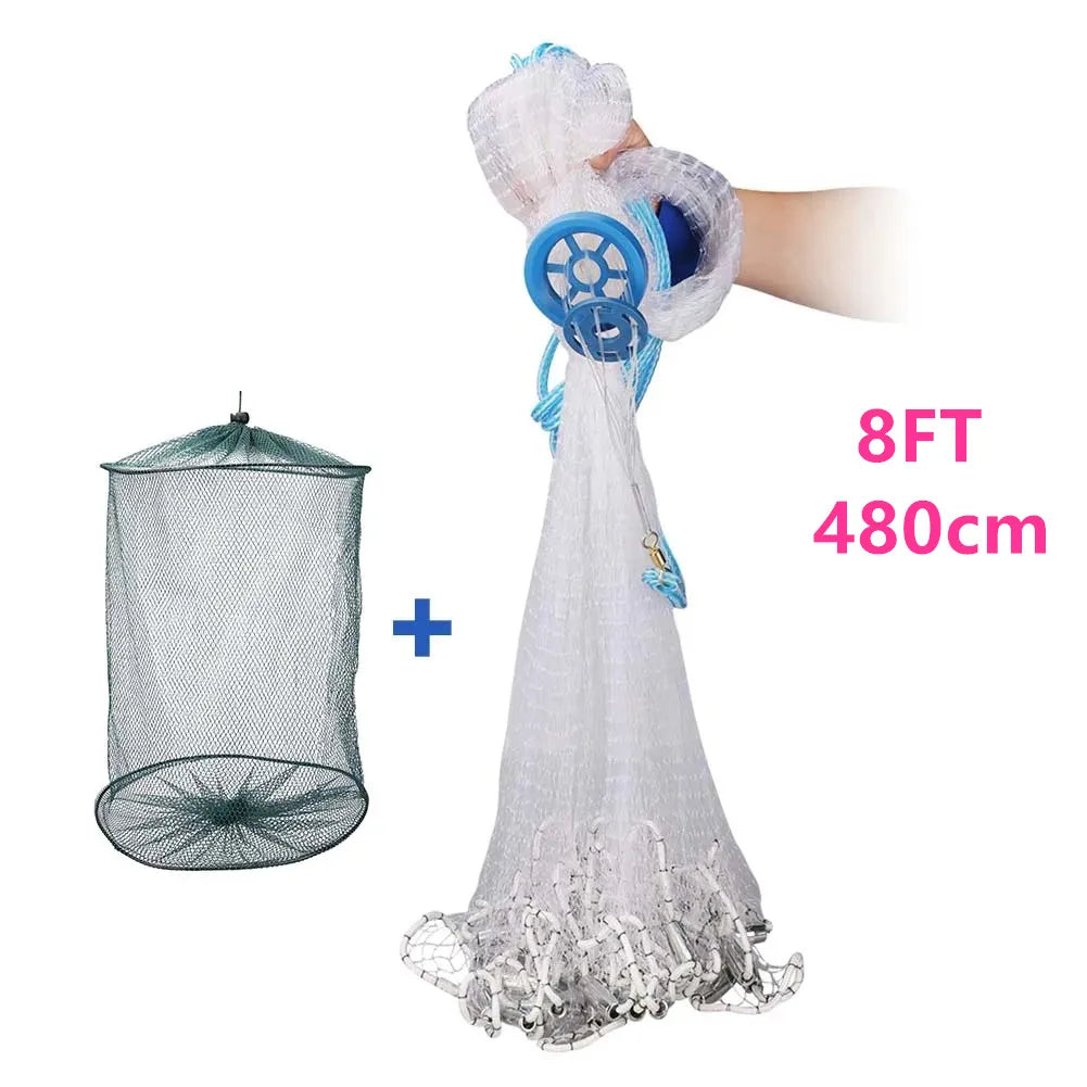 Saltwater Fishing Cast Net for Bait Trap 3ft/4ft/5ft/6ft/7ft/8ft/9ft/10ft Radius with Heavy Duty Real Zinc Sinker Weights