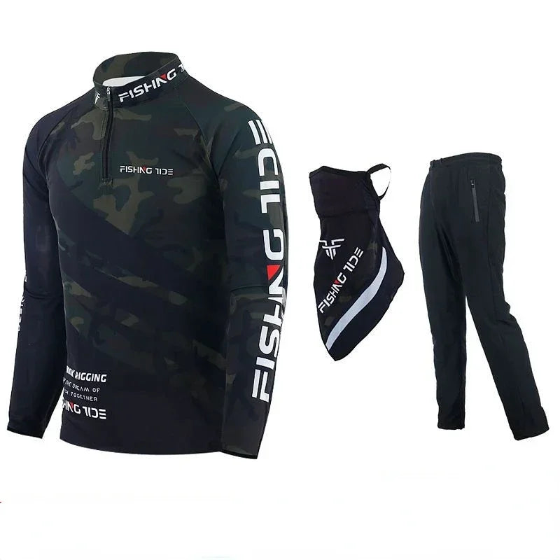 Quick Drying Breathable Long Sleeve Fishing Suit, Sun Protection, Shirt and Pants, Scarf, Outdoor, New, 3Pcs Set