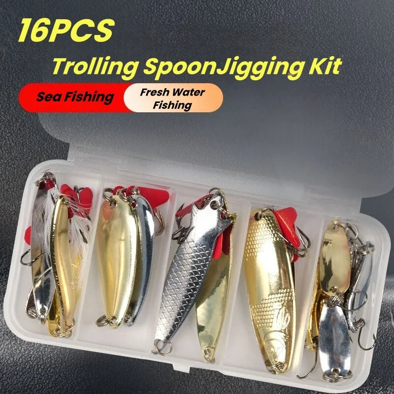 Fishing Lure Kit 16 pcs sets Trolling Jigging Spoon